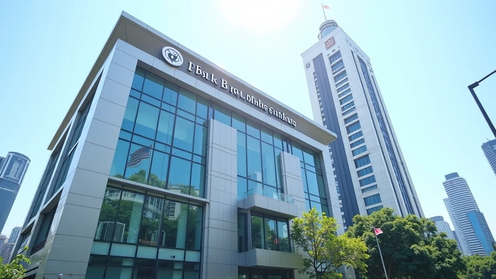 Bank Negara Malaysia headquarters building with modern architecture and Malaysian flag