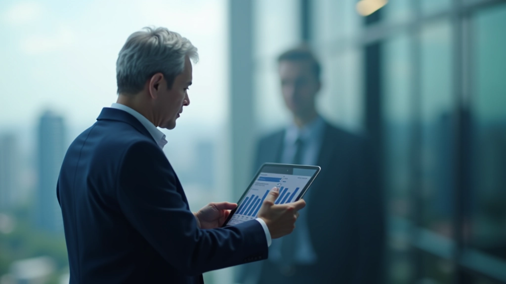 Business professional analyzing sectoral growth data with pie charts and performance metrics displayed on tablet