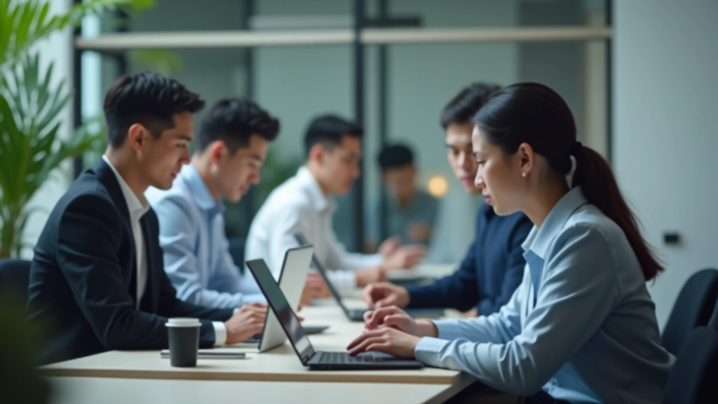 Diverse professionals in modern workplace setting collaborating on projects and business activities