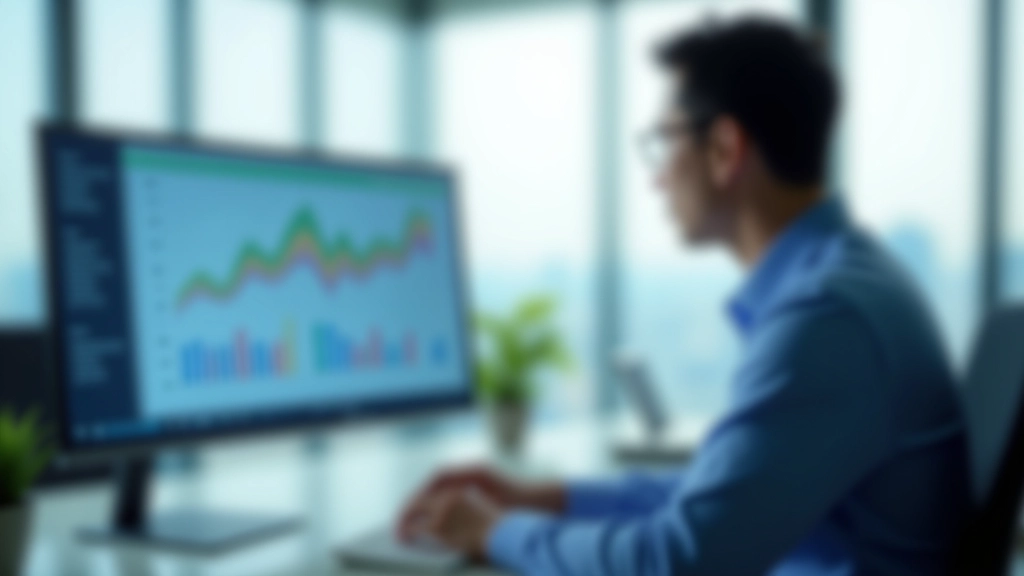 Economist analyzing inflation data and economic charts on computer screen in modern office environment