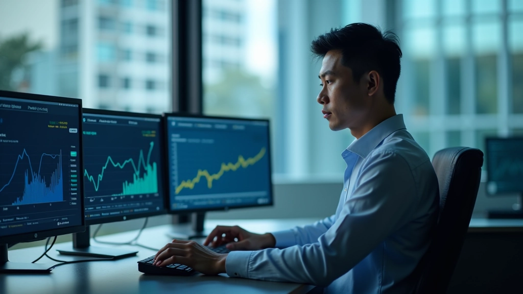 Financial analysis workspace with multiple monitors displaying economic data and growth charts