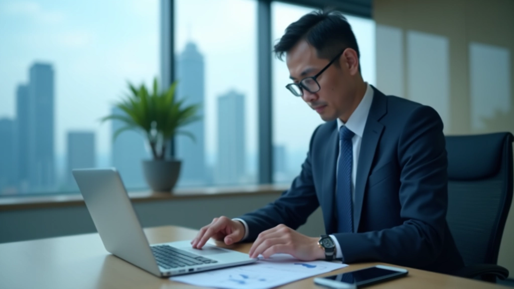 Central banker analyzing monetary policy data on multiple screens in modern office setting