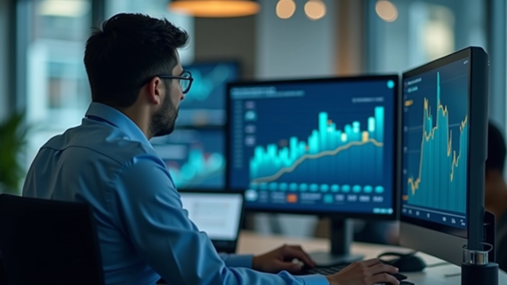 Economic data visualization on computer screen showing growth charts and financial metrics