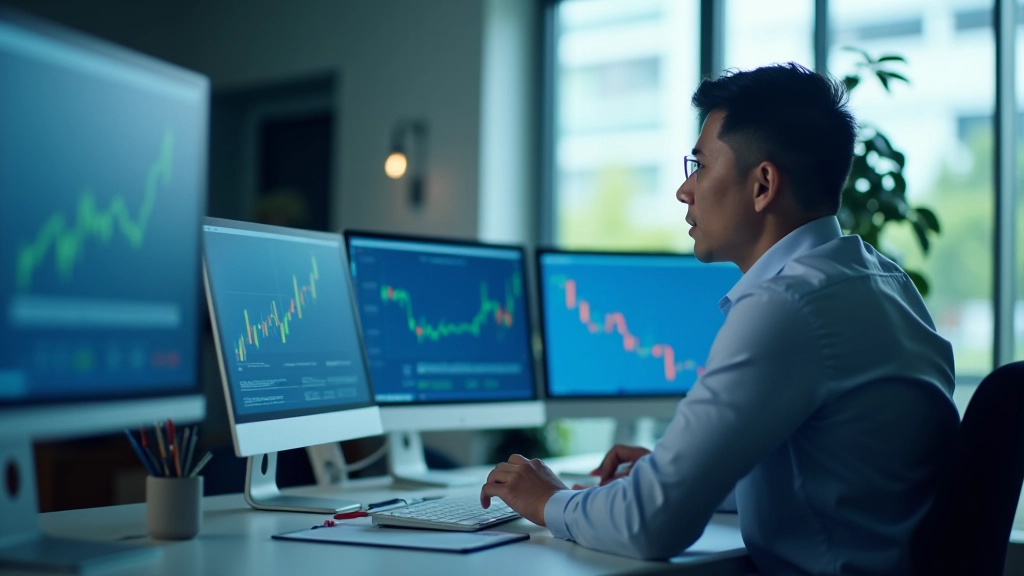 Economist analyzing Malaysian economic data and market trends on computer dashboard